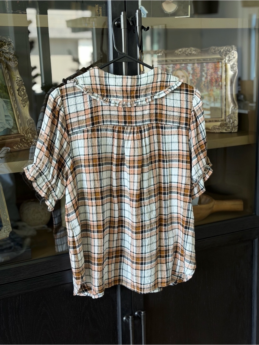 Anthropologie Pilcro M Brown and White Plaid Ruffle Collar Button-Down Shirt - Picture 3 of 4